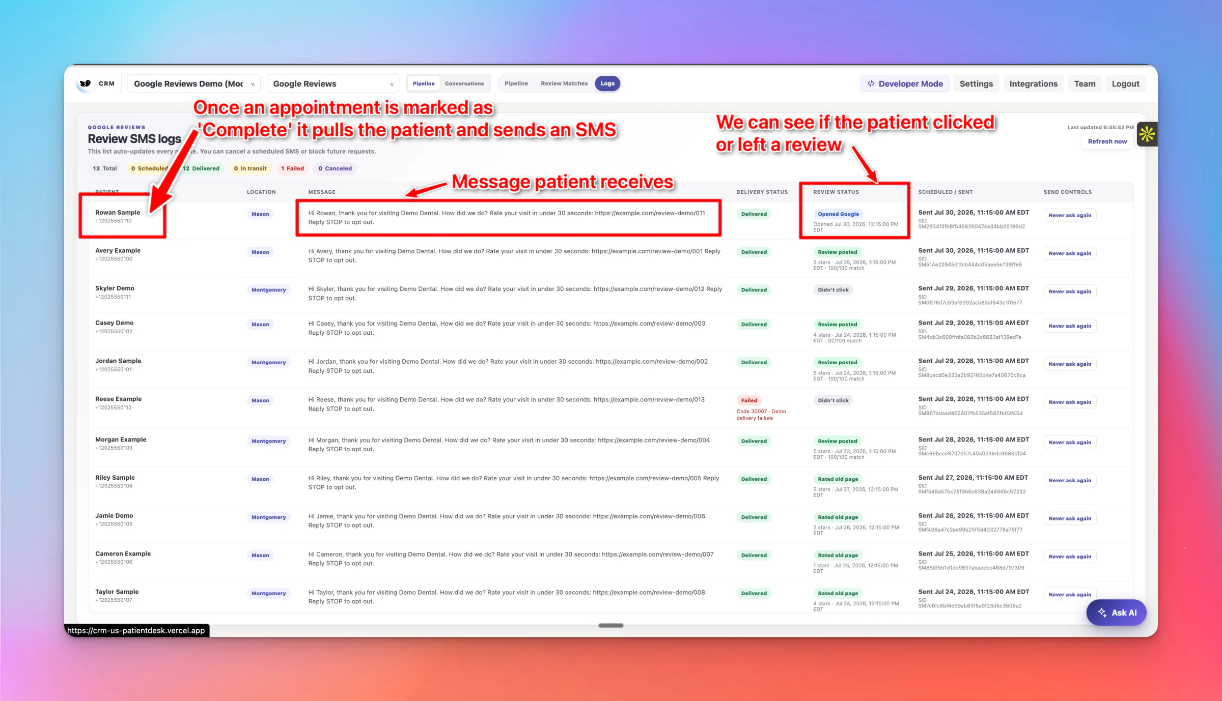 Patientdesk review SMS logs showing the patient, message, delivery status, and review status
