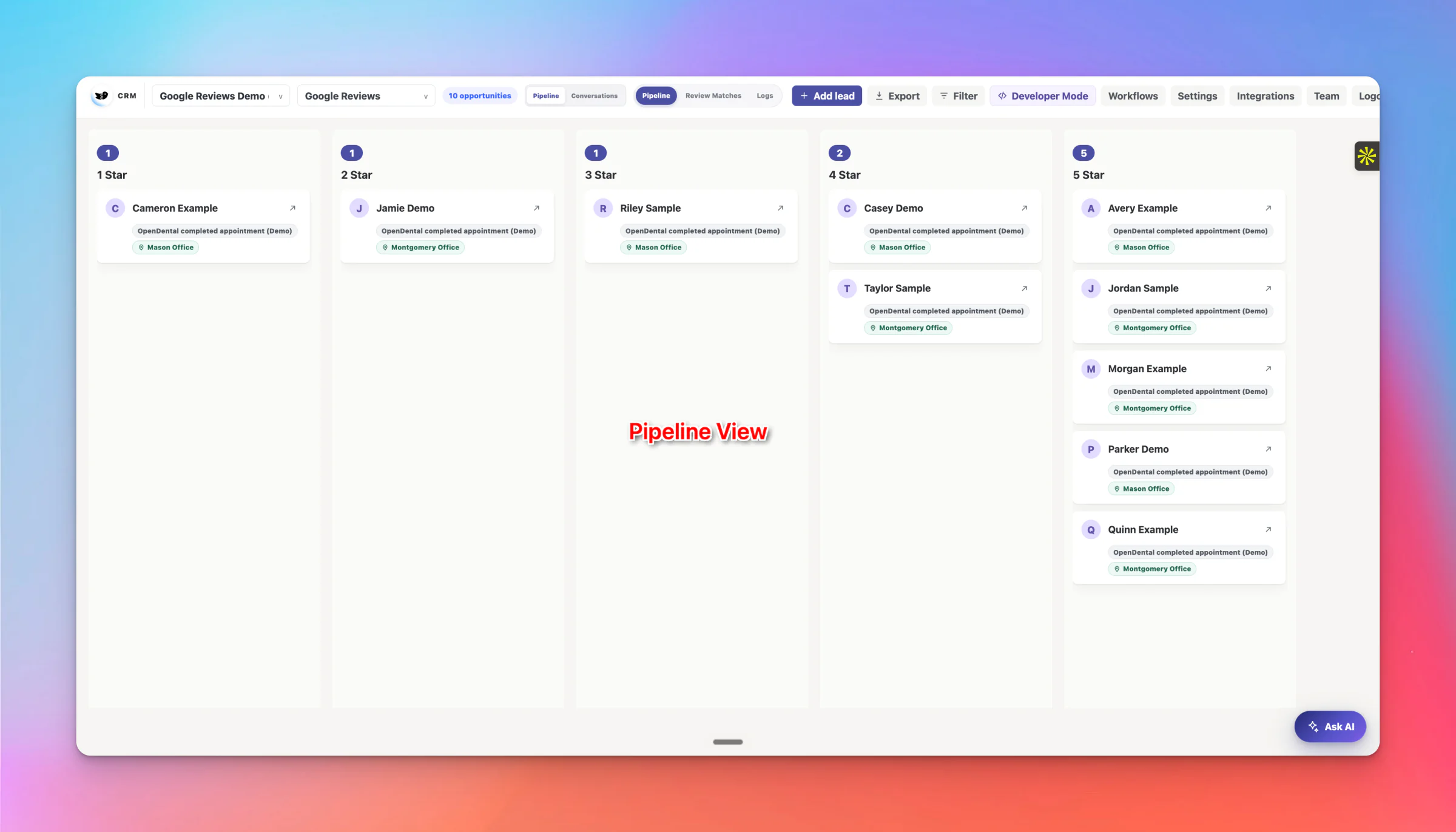 Patientdesk review pipeline organized into one-star through five-star columns